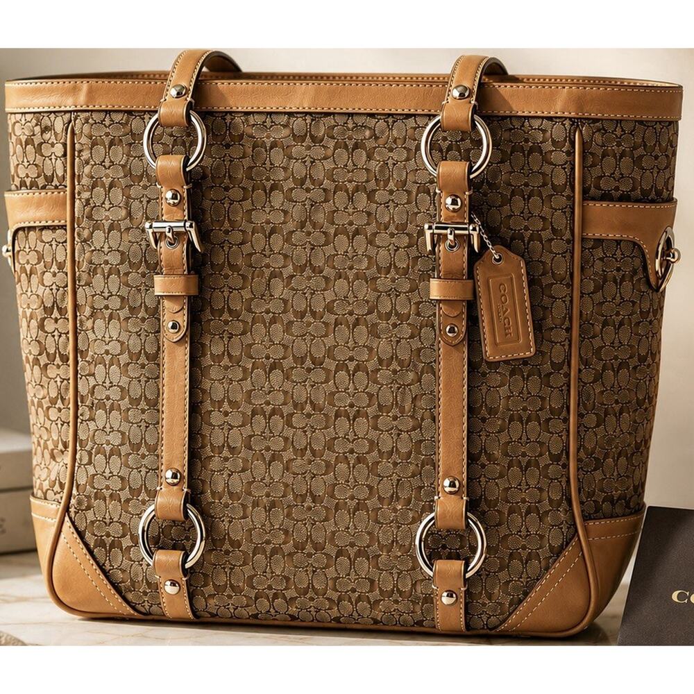 Coach Vintage Signature C Leather Tote Shoulder Bag Brown Tan Buckle Purse Y2K